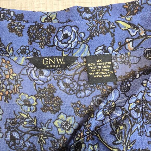 GNW Womens Blue Floral Sheer Blouse Sz 2X Button Up Plus 3/4 Sleeve Summer Top - Picture 4 of 4